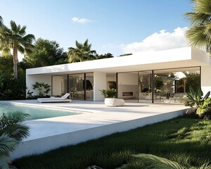 A modern villa exterior with a sleek and contemporary design with clean lines and large windows in Florida. Tropical landscaping with palm trees, colorful flowers, and lawns, 