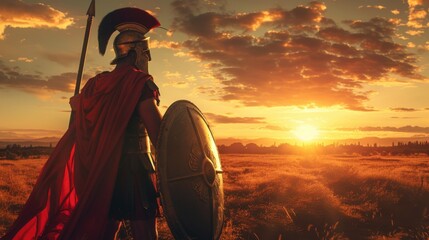 Spartan warrior wearing a red cloak and an iron helmet holding a spear, shield, and sword on the field of battle against a sunset background.