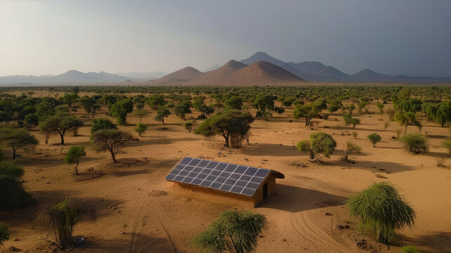 solar powered desalinization plant stands in vast desert landscape, surrounded by sparse vegetation and mountains in background. innovative structure harnesses renewable energy to provide essential