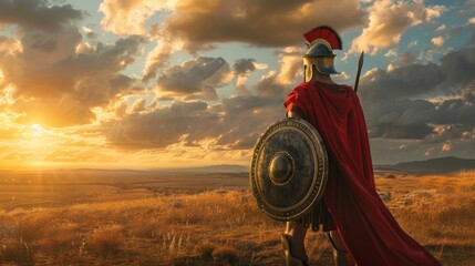 Spartan warrior wearing a red cloak and an iron helmet holding a spear, shield, and sword on the field of battle against a sunset background.