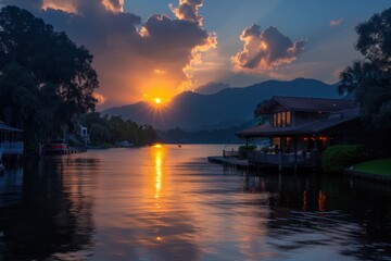 Fototapeta premium USA's Festive Reflection: A Panoramic Landscape of Fireworks and Sky on New Year's or Independence Day Celebration - Holiday Background, Banner, and Greeting Card