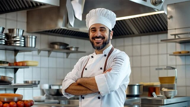 A smiling chef in uniform working in a kitchen, preparing a meal, surrounded by cooking tools and ingredients