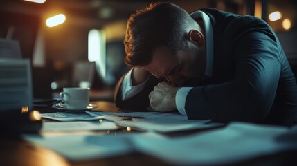 A tired businessman rests his head on his desk, overwhelmed by paperwork, in a dimly lit office, reflecting stress and exhaustion from working late.