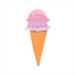 Vector illustration of cone ice cream in cartoon flat style. Colorful ice cream set.Tasty summer dessert.Ice-cream scoop and waffle cone with different toppings.