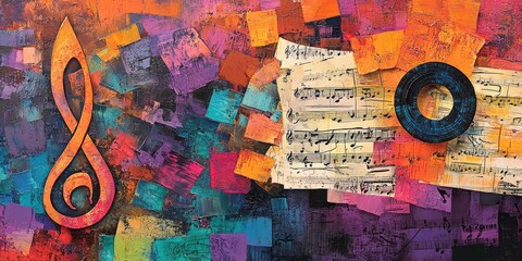 A Vibrant Symphony Colorful Music Notes and Sheet Music Create a Stunning Backdrop