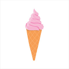 Vector illustration of cone ice cream in cartoon flat style. Colorful ice cream set.Tasty summer dessert.Ice-cream scoop and waffle cone with different toppings.