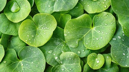 Fototapeta premium Fresh Green Leaves with Water Drops on Surface