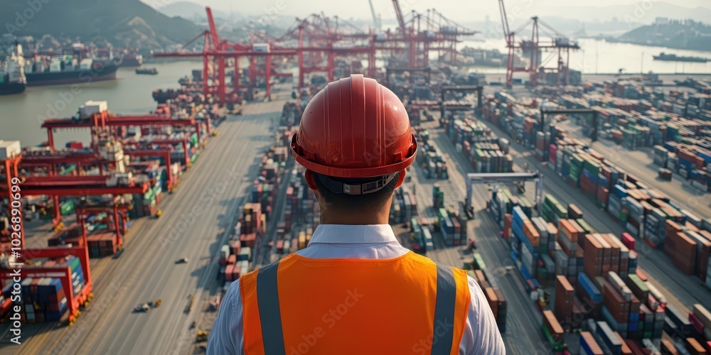 Poster a high-angle perspective on the import and export manager overseeing port operations