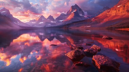 Majestic Alpine Glow Sunset Reflective Mountain Lake Serene Nature Scenery High Resolution Wallpaper Background
