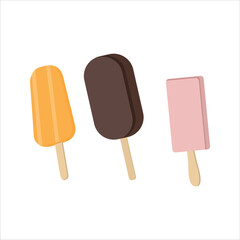 Vector illustration set of ice cream in cartoon flat style. A set of ice cream on a stick, in a waffle cup, a cone. Fruit, colorful. Decor for children room, posters, stickers, wrapping paper, fabric