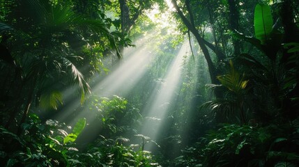 Obraz premium Sunlight Streaming Through Lush Jungle Canopy