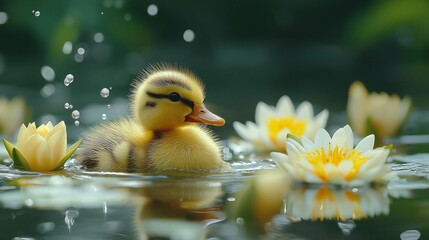 Little Duckling Swimming in a Serene Pond