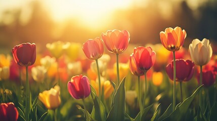 Fototapeta premium Colorful Tulip Field Bathed in Soft Sunset Light