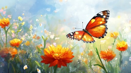 Marigold ablaze in summer's field, graced by butterfly.