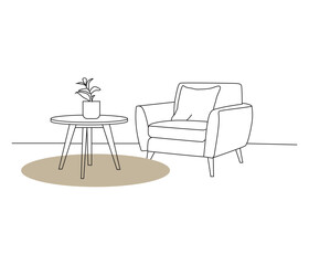 continuous one line drawing of sofa and floor lamp and table with plant. Modern interior design simple Linear style. furniture vector illustration