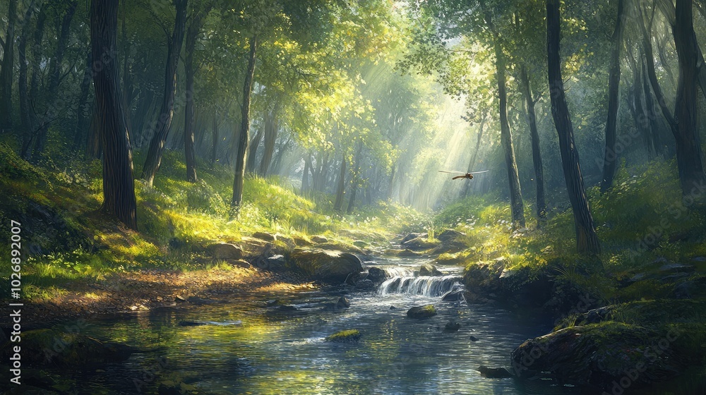Poster serene forest stream with sunlight filtering through trees