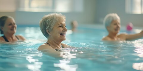 Fototapeta premium Active Senior Women Enjoying Aqua Fit Class in a Pool for Health and Fitness