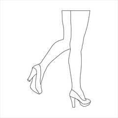 Vector illustration of outline female leg in cartoon flat style. Woman line art legs wearing shoes. Female smooth skin in tights, girl sensual foot with raised shin, woman sexy leg in tights
