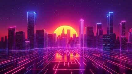 Neon Glowing Cityscape at Sunset