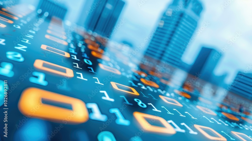Poster a stunning blend of urban skyscrapers and binary code, showcasing the fusion of digital tech and mod