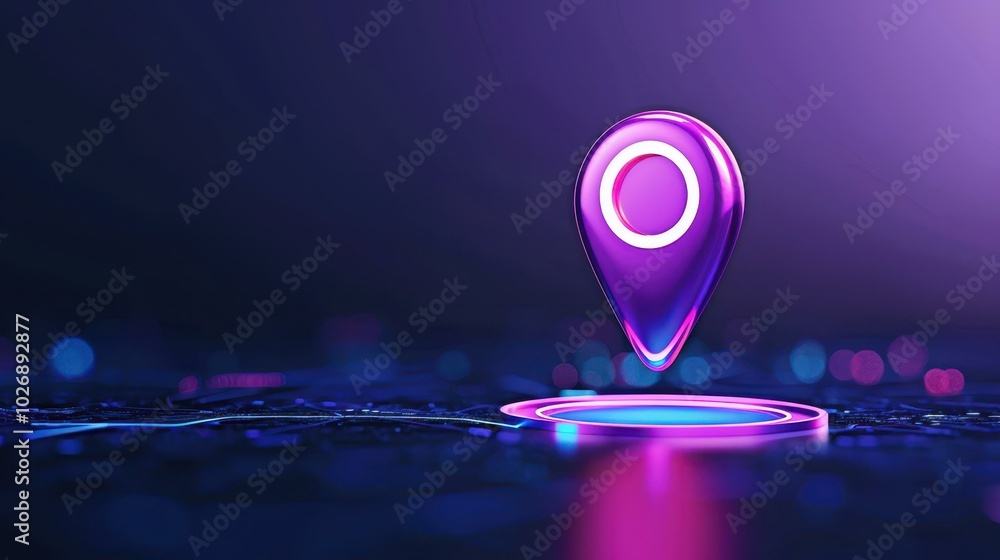 Poster bright and shiny purple pin marks a spot on the map, symbolizing modern navigation and precise locat