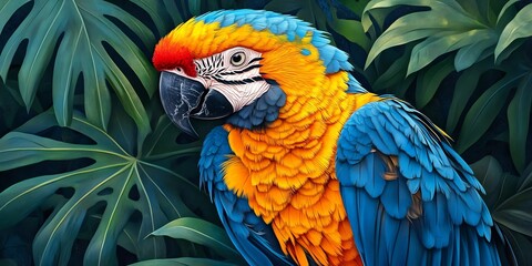 Obraz premium A vibrant blue and yellow macaw with red markings sits among lush green leaves.