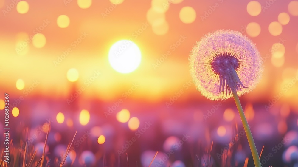 Canvas Prints Experience a serene evening with a dandelion at sunset, glistening dew drops, and a dreamy bokeh effect. Natures freedom awaits