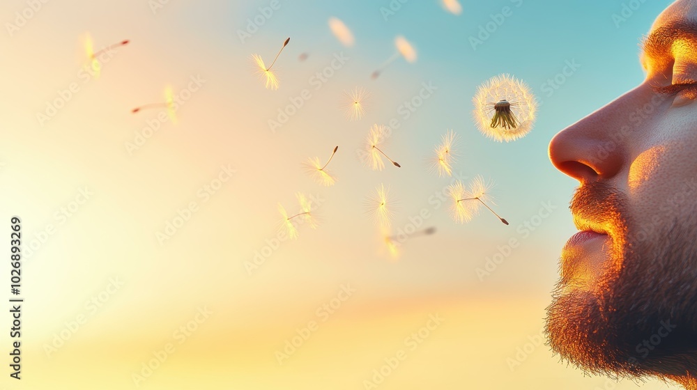 Poster Dandelion seeds dance in the sunset breeze, symbolizing freedom and wishes against a vibrant country sky.