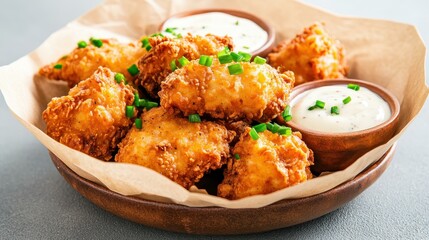 Crispy homemade chicken nuggets served with delightful dipping sauces. A perfect comfort food snack for kids and meal prep
