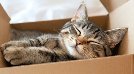 A cute grey tabby cat sprawls in a cardboard box under warm sunlight, basking in a playful and cozy atmosphere.