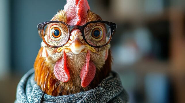 Quirky closeup of a clever chicken in glasses, perfect for a humorous animal portrait. Ideal for photography lovers