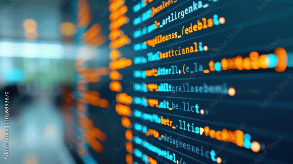 Poster a crisp closeup of computer code showcased on a monitor, with a soft pastel bokeh that enhances the 