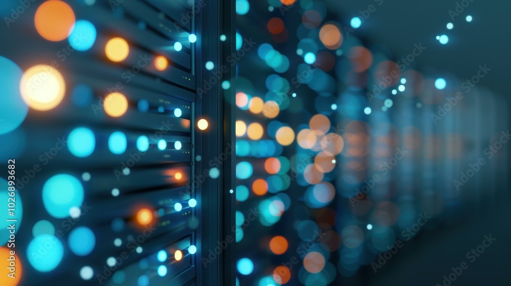 Poster glowing blue lights on server panels highlight the intricate world of data processing and cyber secu