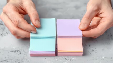 Hands arrange soft pastel sticky notes on a chart, symbolizing organization and creative planning.