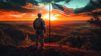 Obraz premium A soldier standing atop a hill gazing at an American flag in the distance as the sky blazes with a dramatic sunset. The scene is set against a forest landscape with cinematic and photo-realistic light