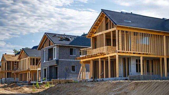 A row of new homes under construction, with frames and roofs in various stages of completion, surrounded by construction materials 