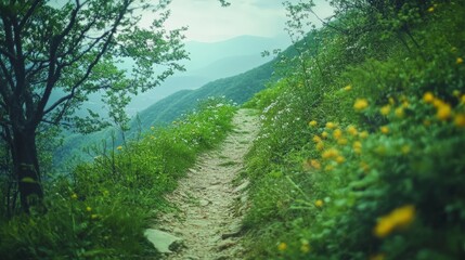 Fototapeta premium Serene Mountain Path Through Lush Green Foliage and Vibrant Flowers