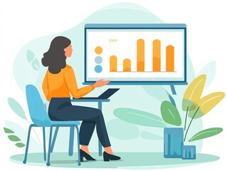 A woman sits in a chair pointing to a presentation on a screen, with a bar chart and a pie chart displayed.