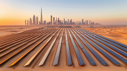 expansive view of solar farm with rows of solar panels in desert, showcasing contrast between technology and nature, with city skyline in background