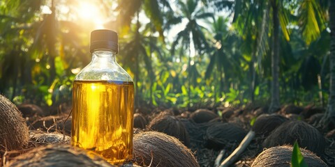 Coconut Oil Bottle Surrounded by Lush Coconut Plantation Under Sunlight