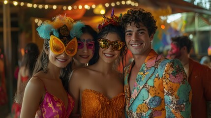 Portrait of a group of friends in colorful and exciting Halloween costumes, with a realistic scenic backdrop of a festive outdoor party