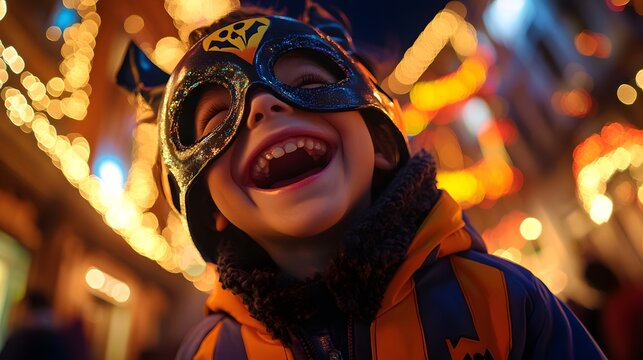 Close-up of a child laughing while wearing a silly Halloween mask, with realistic details and a scenic background of spooky decorations