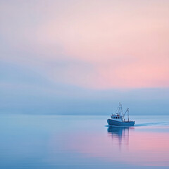 Obraz premium A fishing trawler moves through a calm sea in the morning under a pink and blue sky, reflecting in the water and creating a serene and peaceful atmosphere