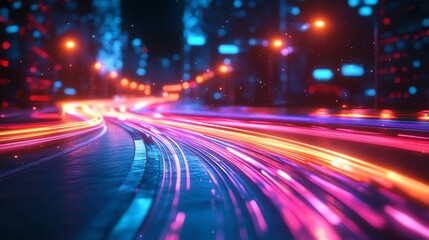 A night time shot of a city street with bright light trails of cars driving through it. The cityscape is blurred in the background.