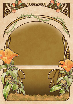yellow and brown gradation art-nouveau, mucha style, antique, retro background image