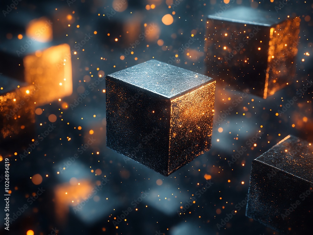 Fototapete abstract background with floating cubes and golden particles.