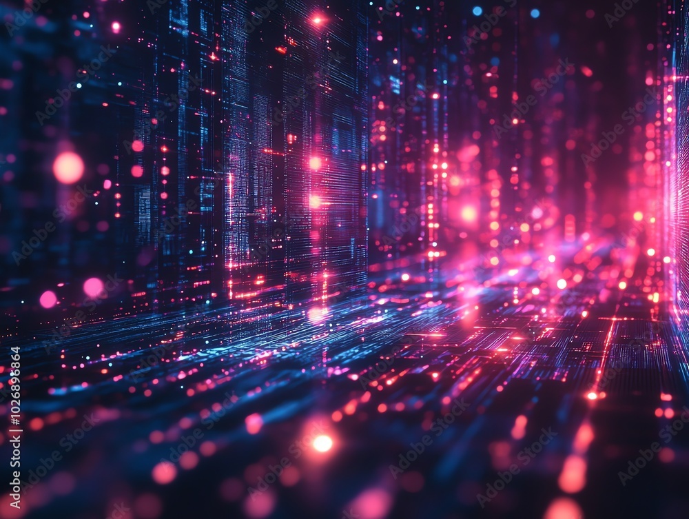 Poster abstract digital space with glowing lines and particles in pink and blue hues.