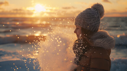 Obraz premium A girl on the bank of the sea at sunset