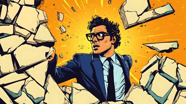Determined Businessman Breaking Through Wall to Reach Success in Retro Comic Art