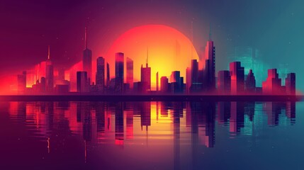Fototapeta premium Vibrant Neon Cityscape A Futuristic Urban Dream with Glowing Reflections and a Setting Sun